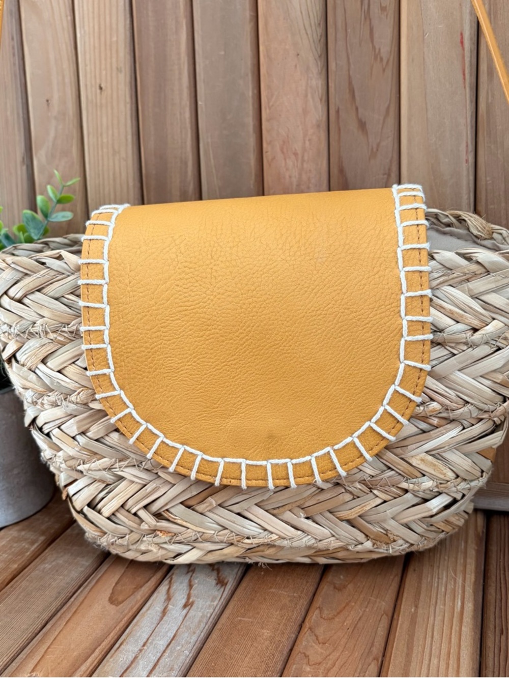 Woven Boho Crossbody Bag Vegan Leather Flap in Bright Yellow - Picture 2 of 8
